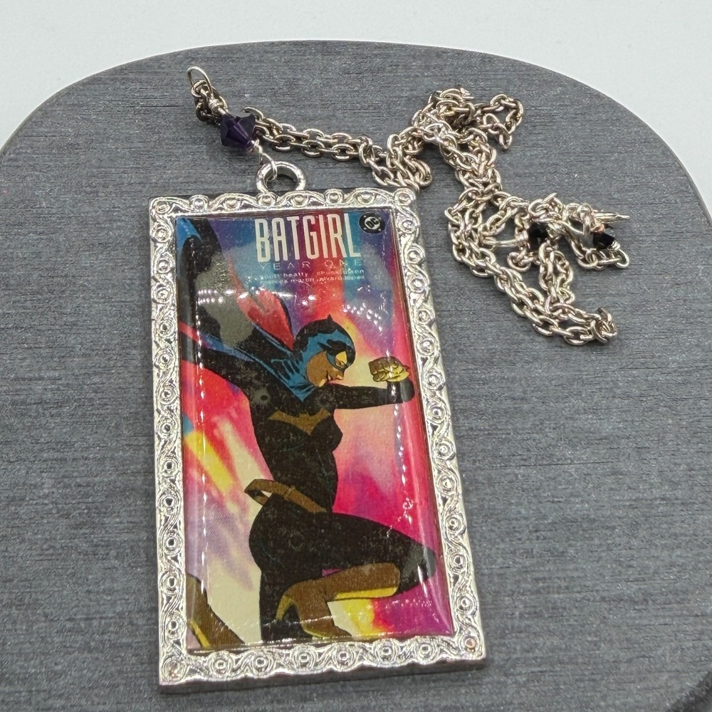 DC Comics Batgirl Necklace Comic Book Cover Silver Tone Pendant Purple Beads